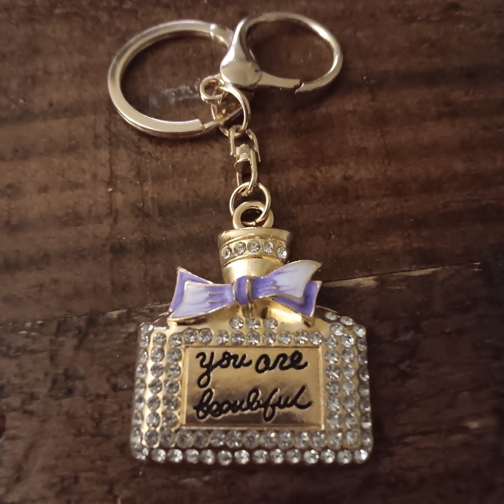 You are Beautiful Gold Perfume Bottle Keychain with Purple Bow